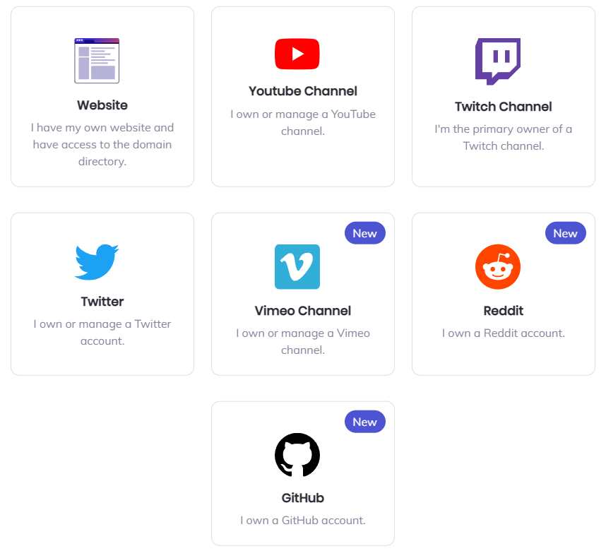 Brave Creator 目前支援 7 種網站驗證，Website, Youtube Channel, Twitch Channel, Twitter, Vimeo Channel, Reddit, GitHub