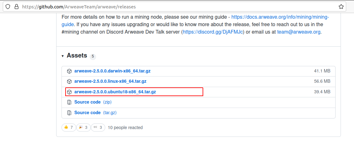在瀏覽器開啟 Arweave 挖礦最新版本下載頁面，選擇 Ubuntu 版本下載